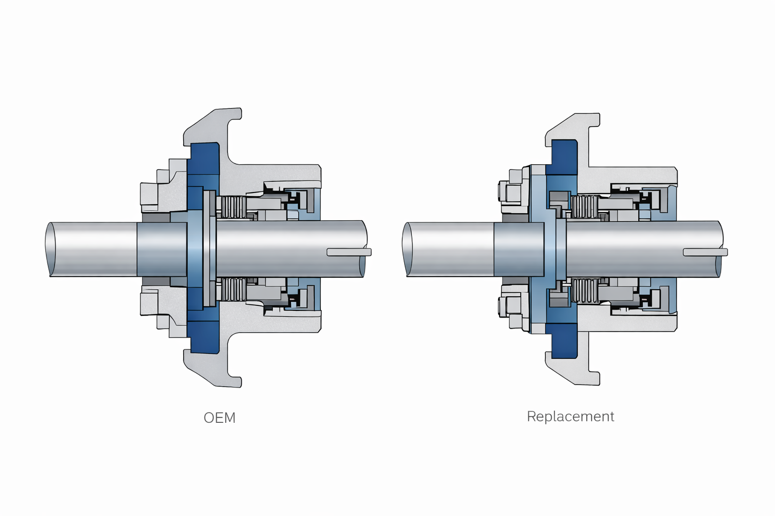 OEM mechanical seal and replacement mechanical seal comparison showing both fitted on the same pump design