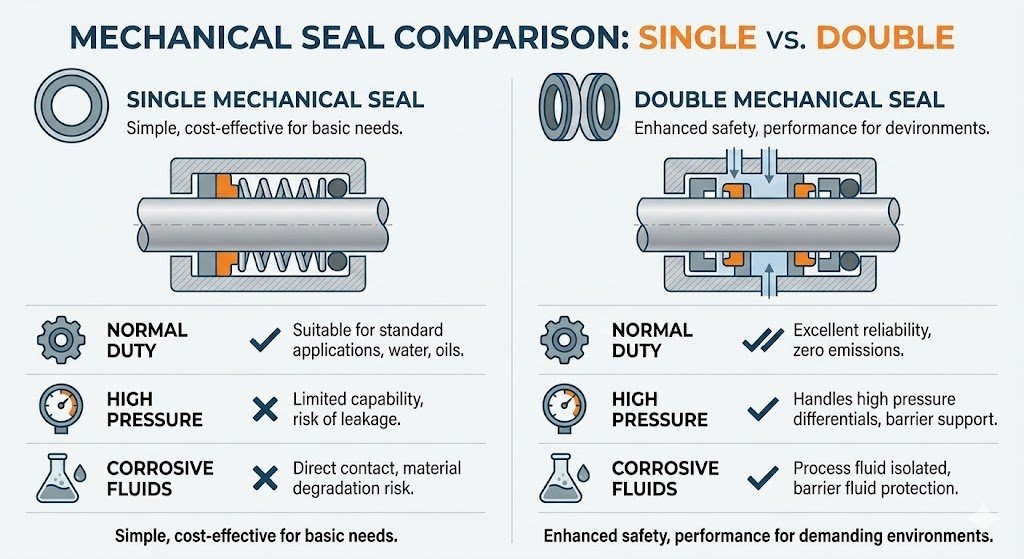 Comparison chart showing single vs double mechanical seals, including structure differences, operating conditions, and recommended applications for industrial pumps.