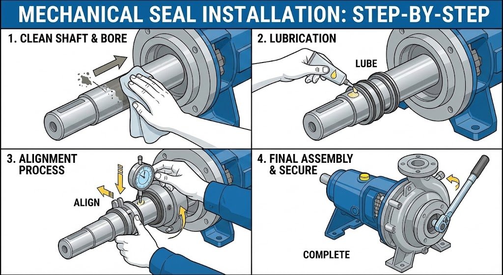 Mechanical seal installation step-by-step diagram showing correct alignment and assembly process