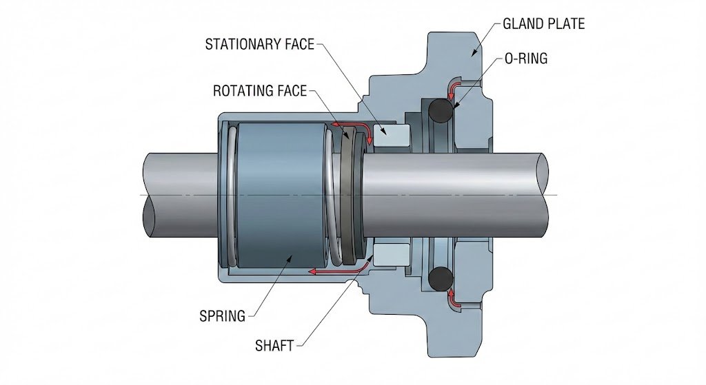 Cross-sectional view of a cartridge mechanical seal assembly installed on an industrial pump shaft
