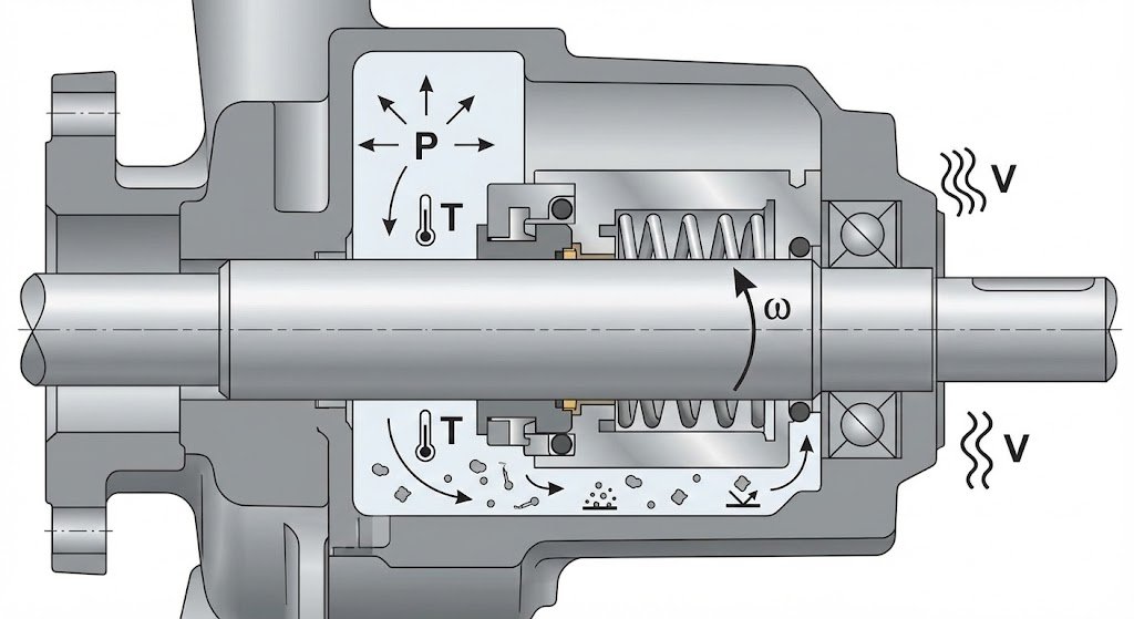 Cross-sectional view of a mechanical seal assembly showing components related to seal service life
